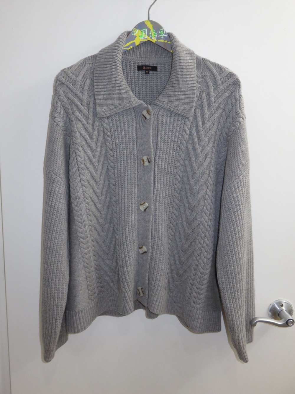 Quince Gray Cable Knit Cardigan Sweater Collared Button Front 100% Wool Medium